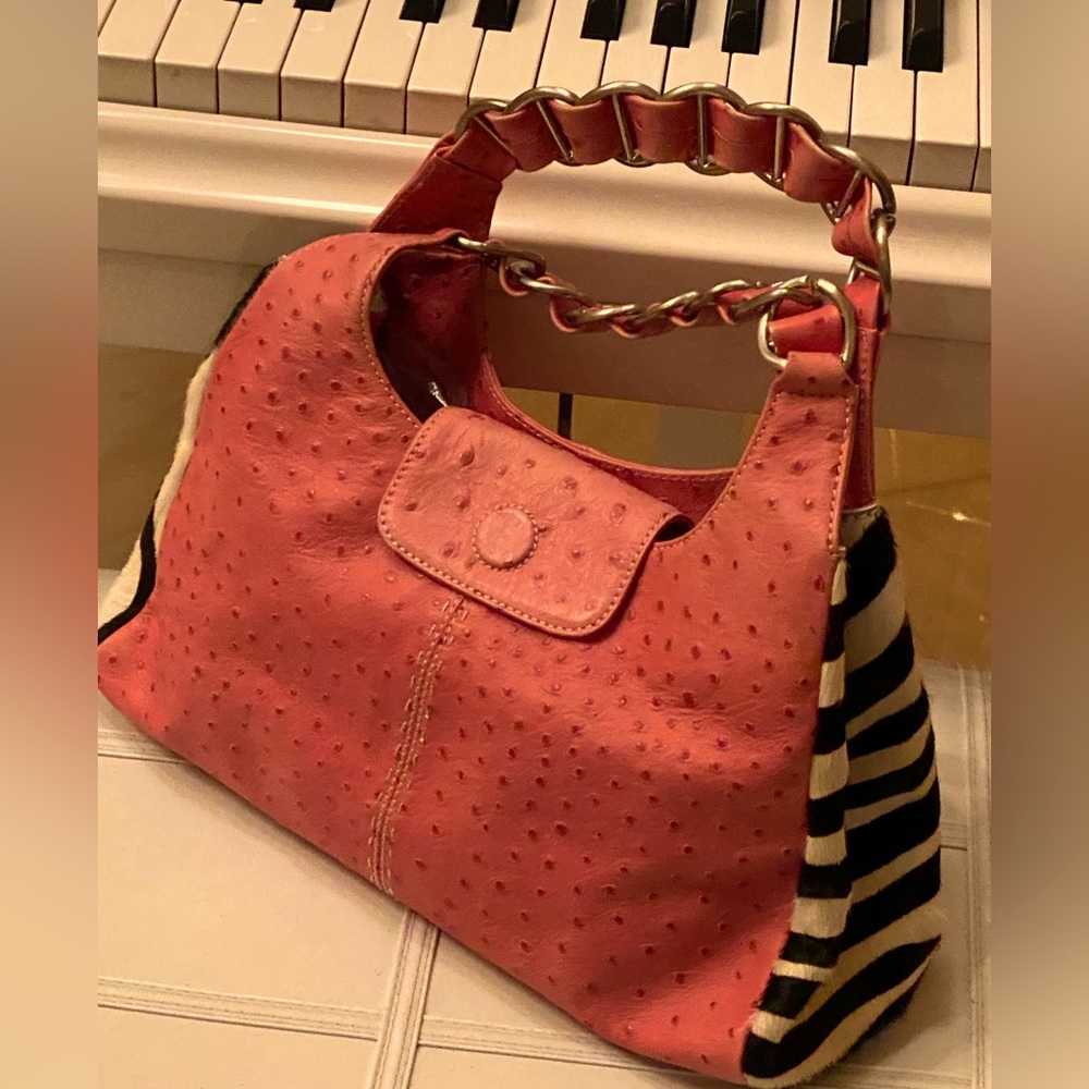 Leather ostrich, print bag